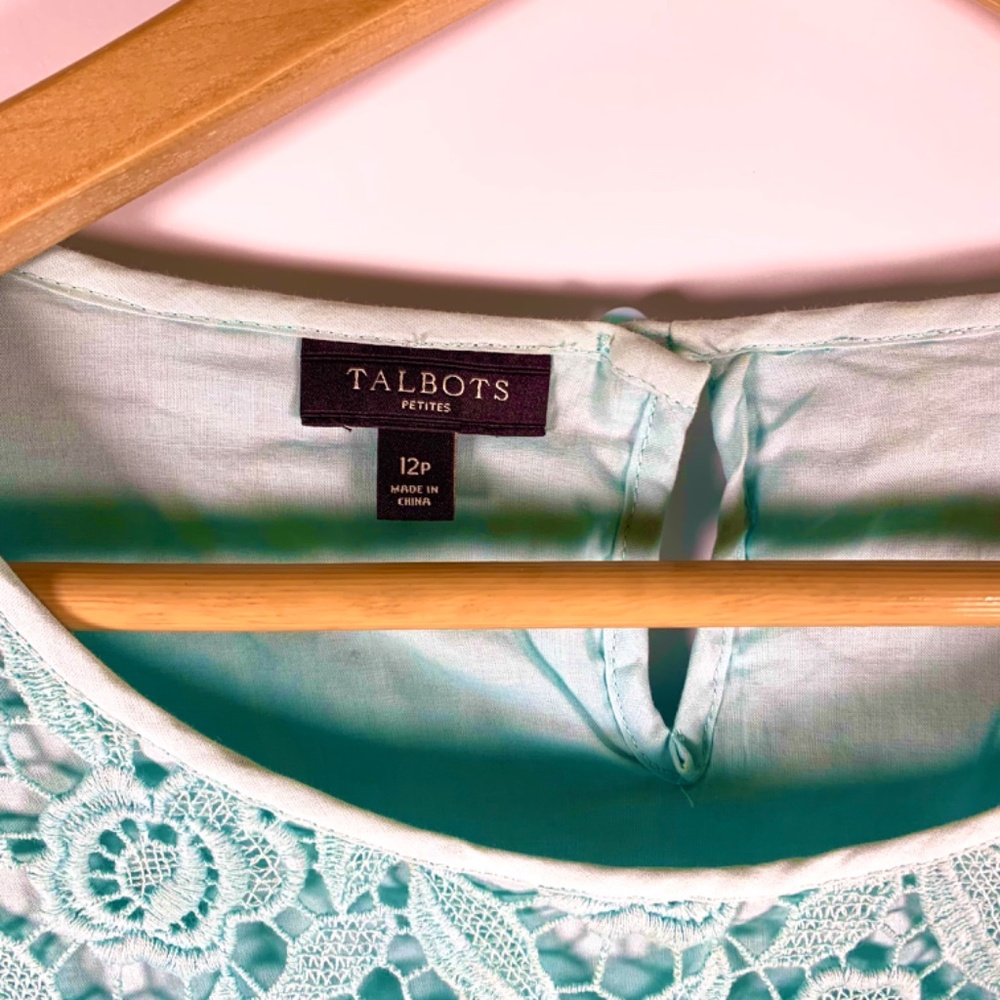 Talbots Spring teal blue/green boho crochet/lace long sleeve blouse cottagecore - Picture 3 of 12